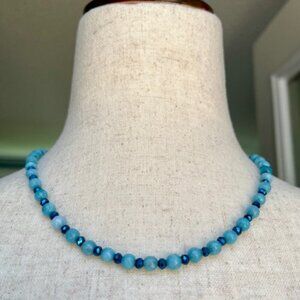Blue Agate Crystal Necklace 5mm Round Beads 17 Length Made in Greece